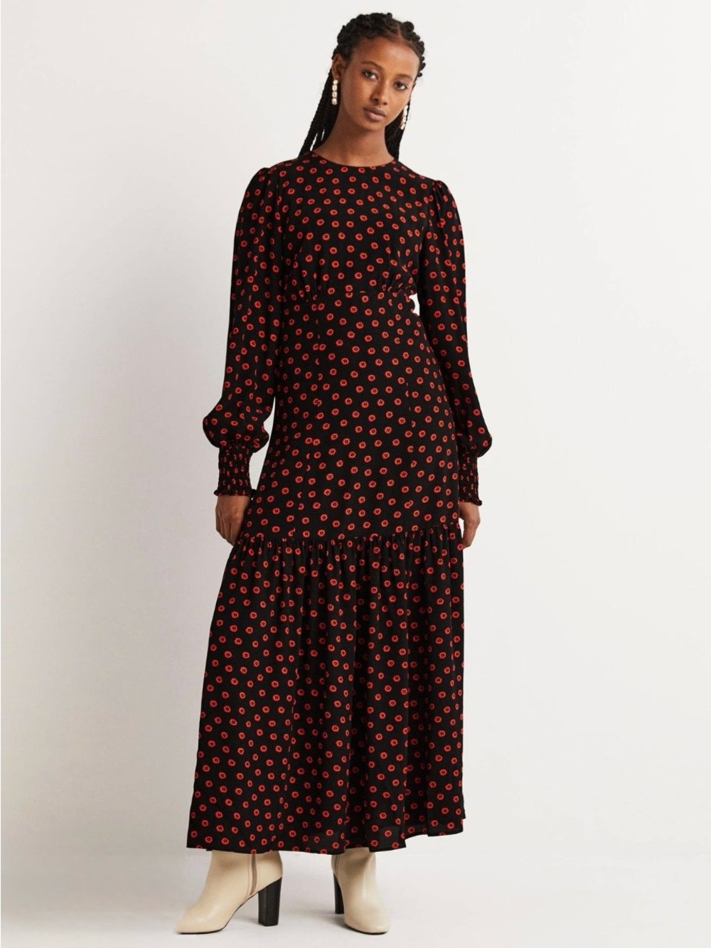 Boden Ditsy Floral Tiered Maxi Dress long sleeve Smocked Cuff zip back Sz US 4R